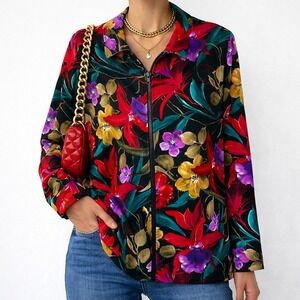 Vintage Caribou New York Floral Jacket Women's L Large Zip Up Shacket 90s Retro